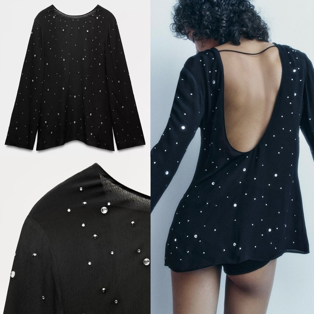 Zara NWT Open back in rhinestone embellished black mesh long sleeve top